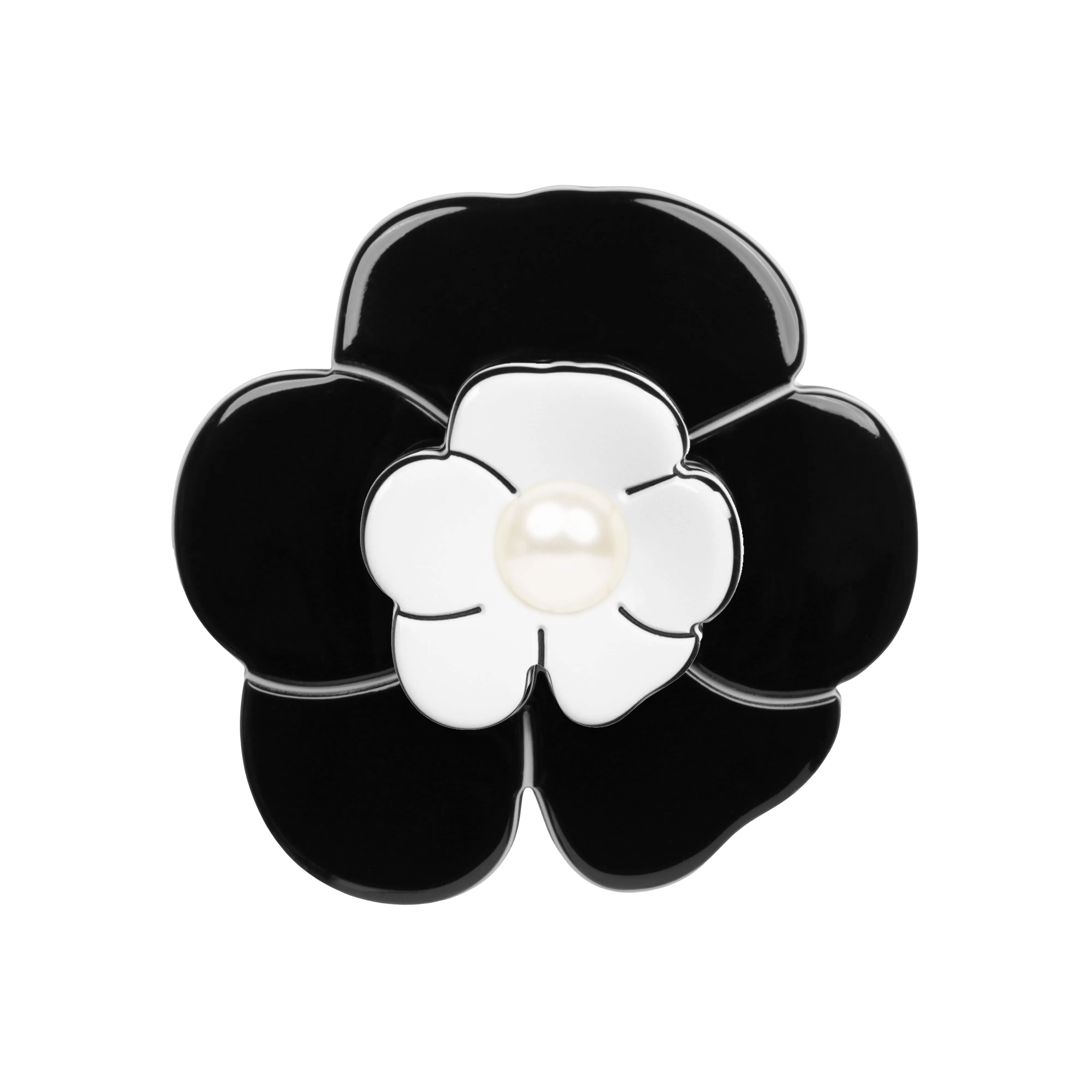 Camellia Medium Pearl Black White Brooch