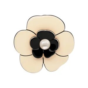 Camellia Medium Pearl Ivory Black Brooch