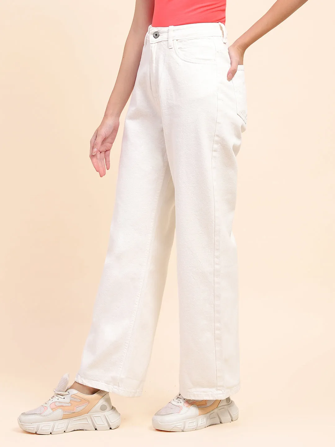 Camla Barcelona Solid White Wide Leg Jeans
