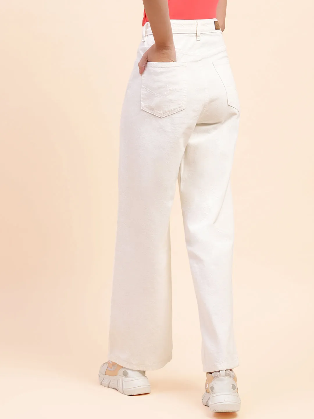 Camla Barcelona Solid White Wide Leg Jeans