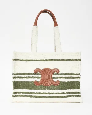 Celine Ivory & Green Shearling Brown Triomphe Leather Logo Tote