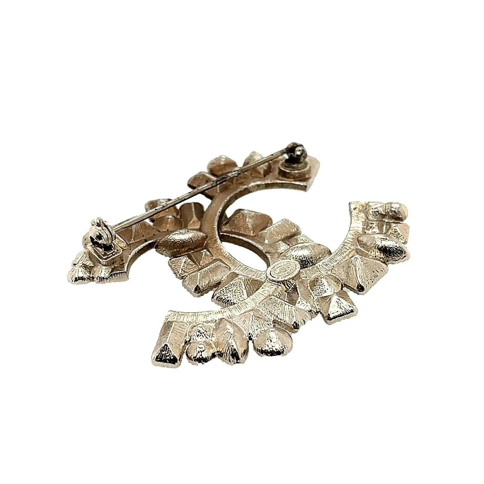 CHANEL -14K Clear and Black Strass CC Logo - Silver, Clear, Black - Brooch