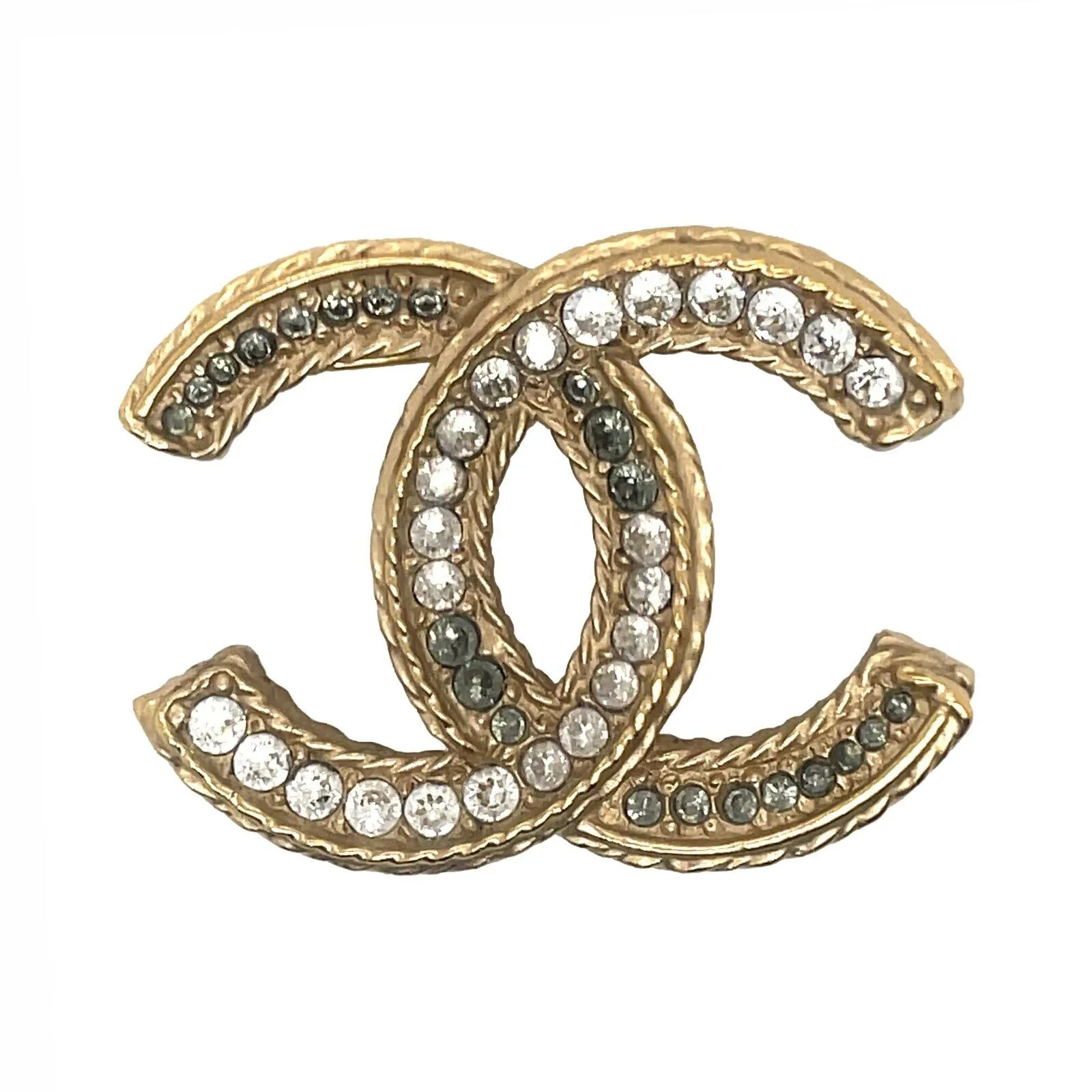CHANEL -16V Clear and Grey Strass CC Logo - Clear / Grey / Gold Brooch w/ Box