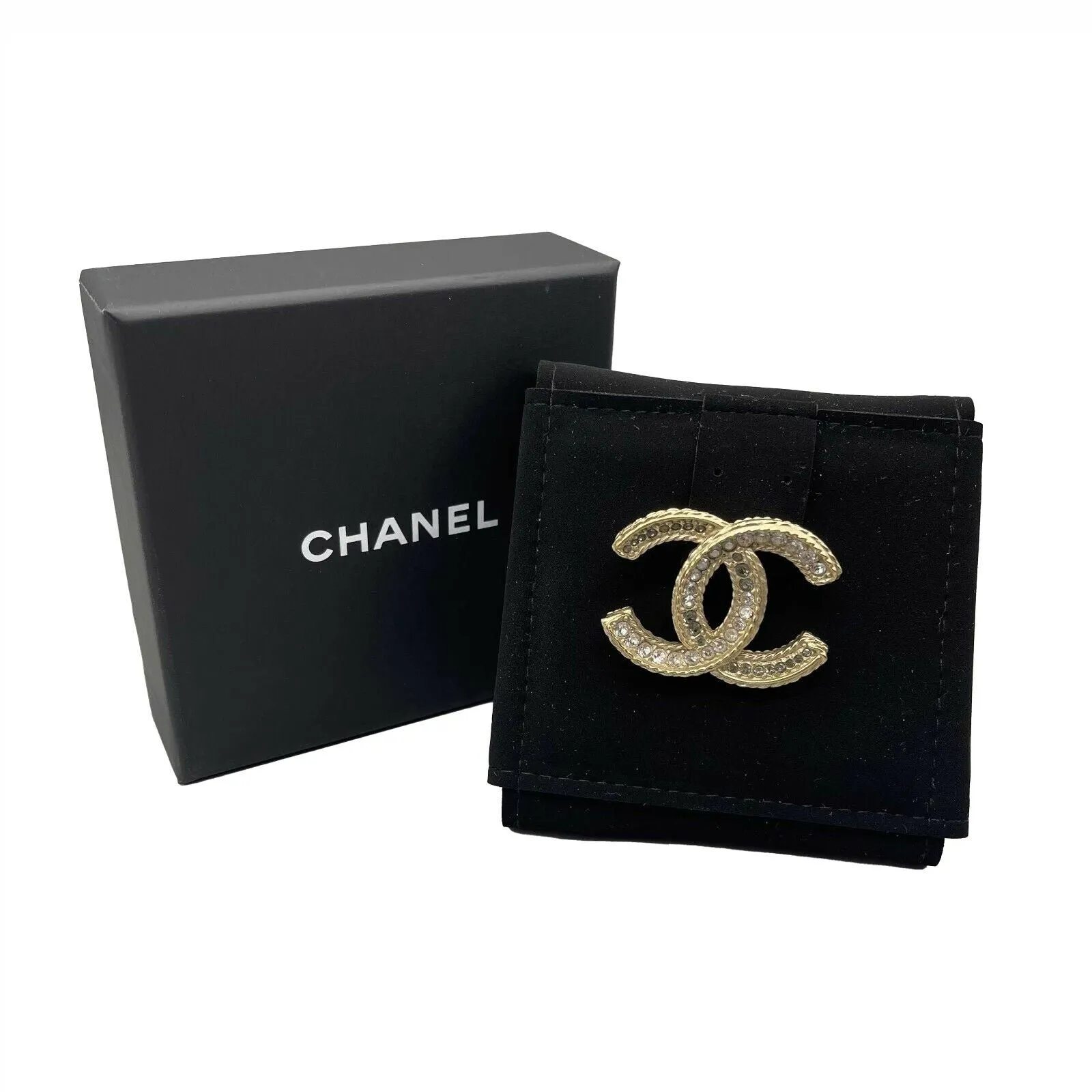 CHANEL -16V Clear and Grey Strass CC Logo - Clear / Grey / Gold Brooch w/ Box