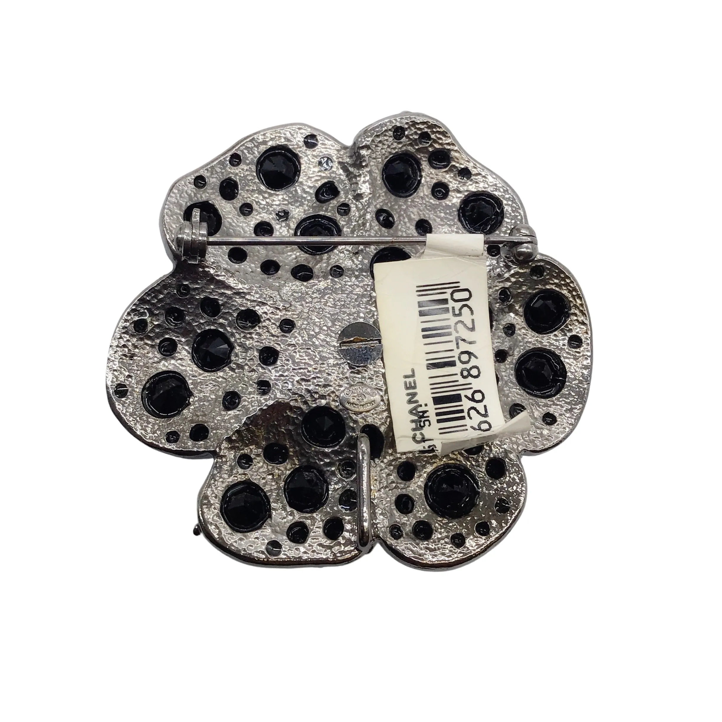 Chanel Black CC Logo Rhinestone Embellished Metal Strass Ruthenium Camellia Brooch