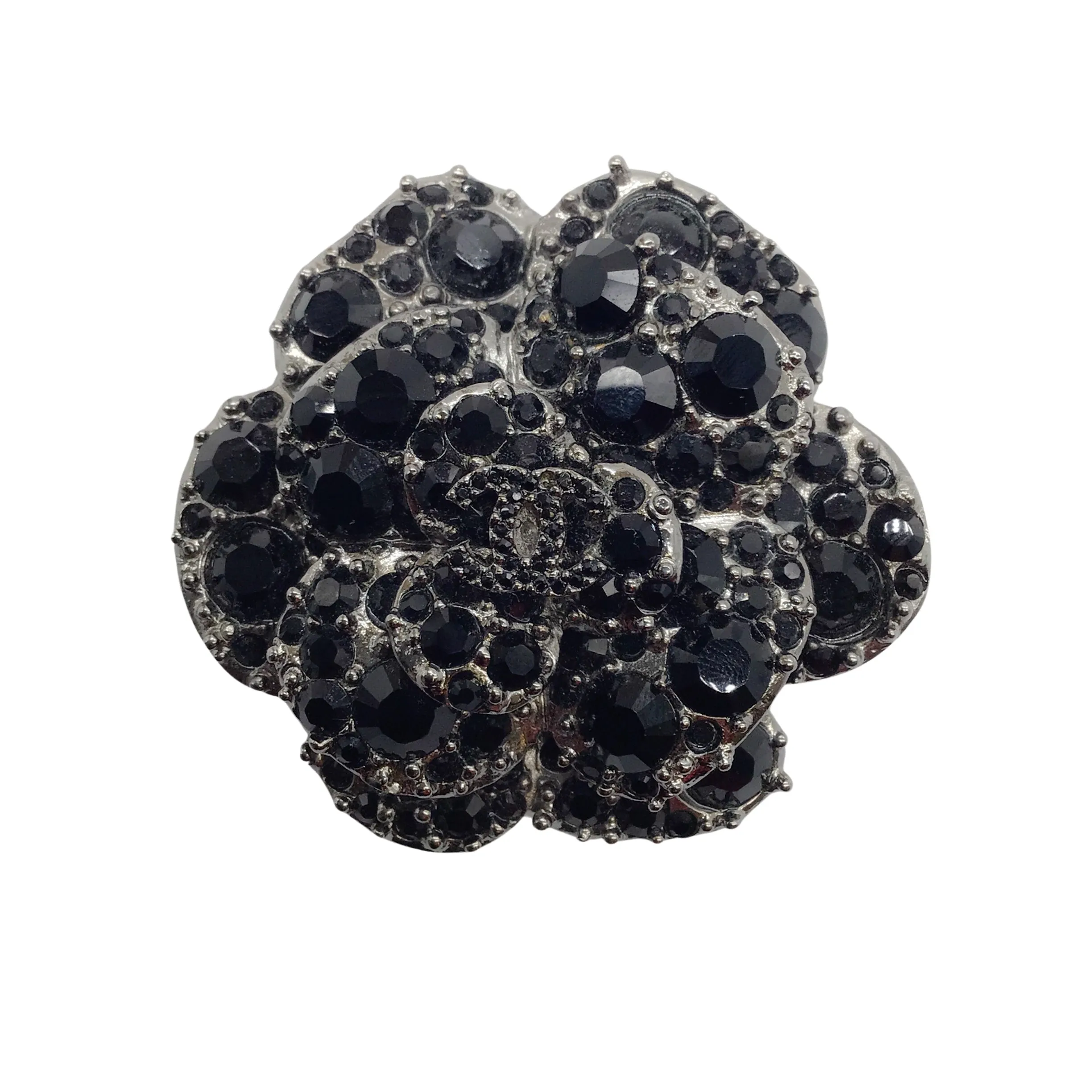 Chanel Black CC Logo Rhinestone Embellished Metal Strass Ruthenium Camellia Brooch