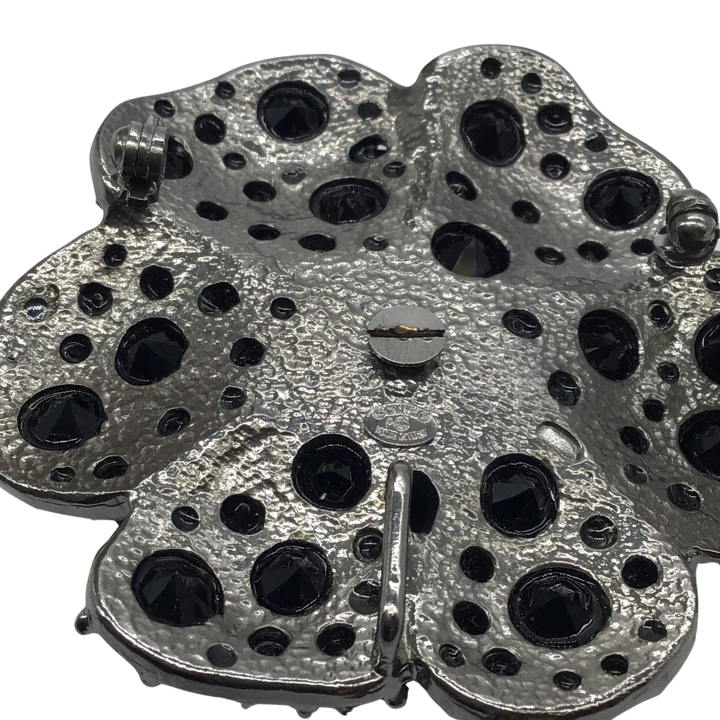Chanel Black CC Logo Rhinestone Embellished Metal Strass Ruthenium Camellia Brooch