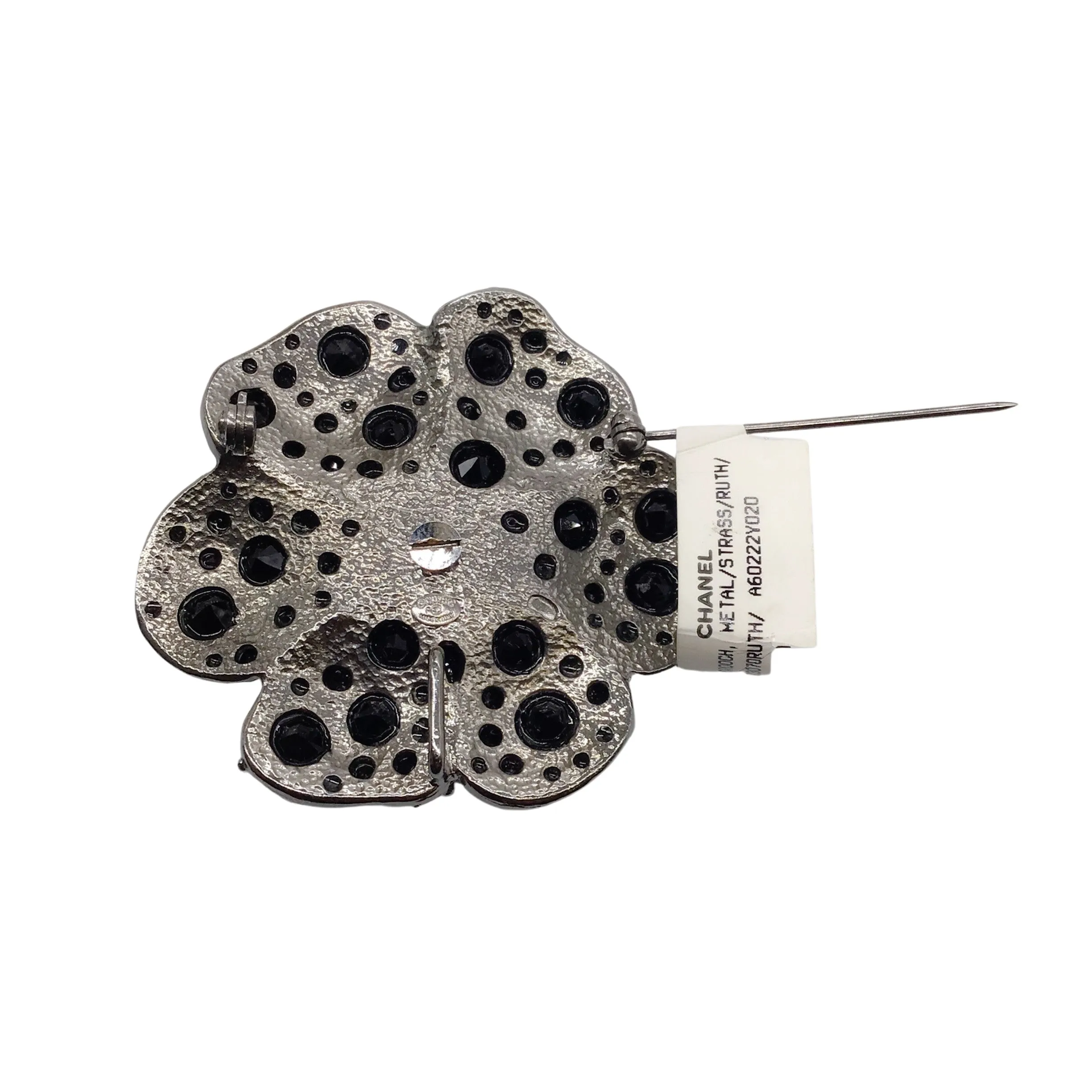 Chanel Black CC Logo Rhinestone Embellished Metal Strass Ruthenium Camellia Brooch