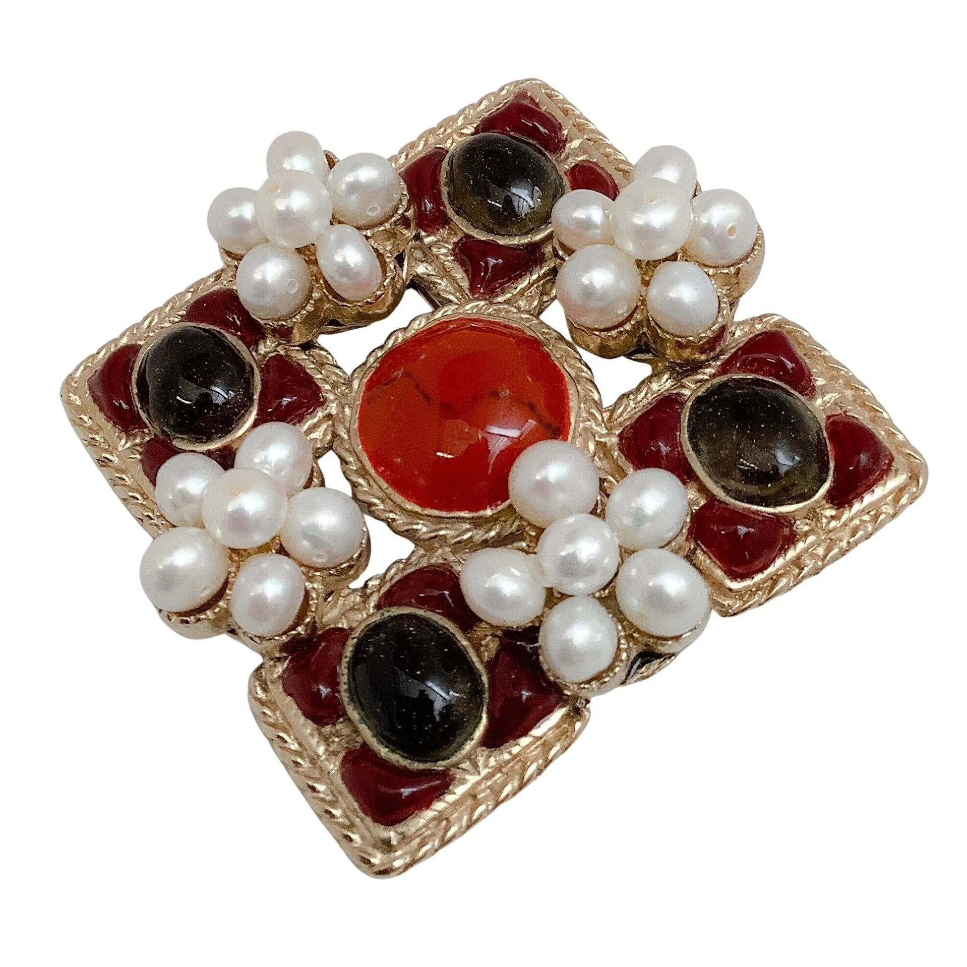 Chanel Burgundy Gripoix and Pearl Square Brooch