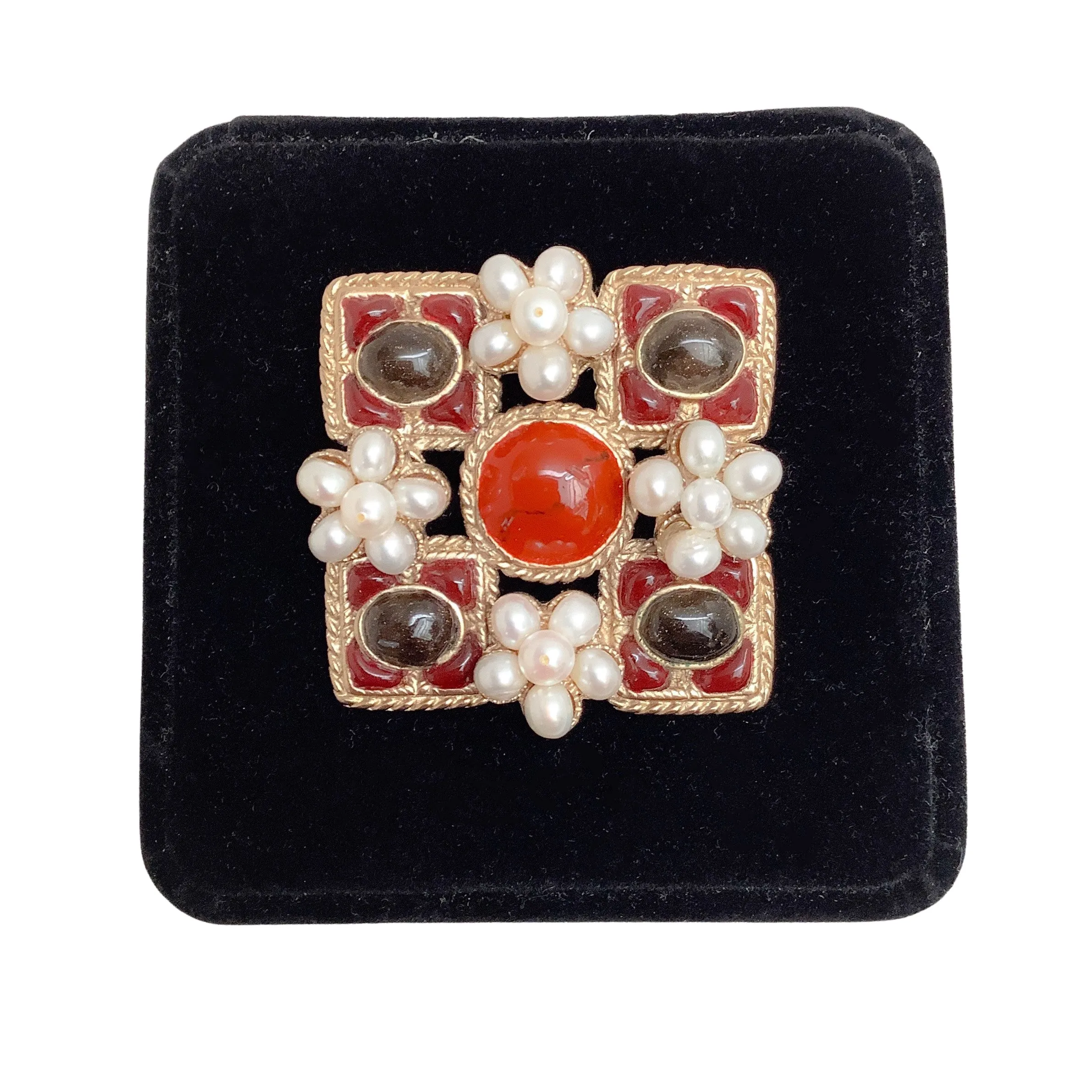 Chanel Burgundy Gripoix and Pearl Square Brooch