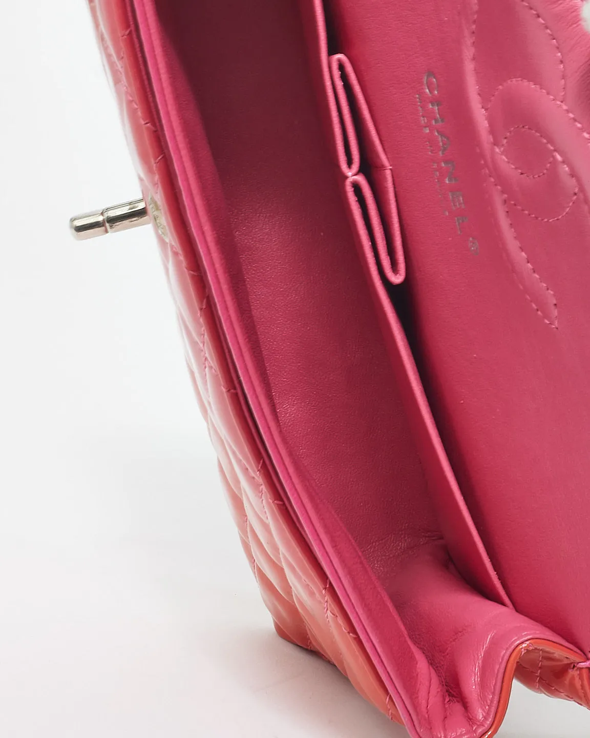Chanel Coral Patent Leather & Pink Leather Interior Medium Classic Double Flap Bag