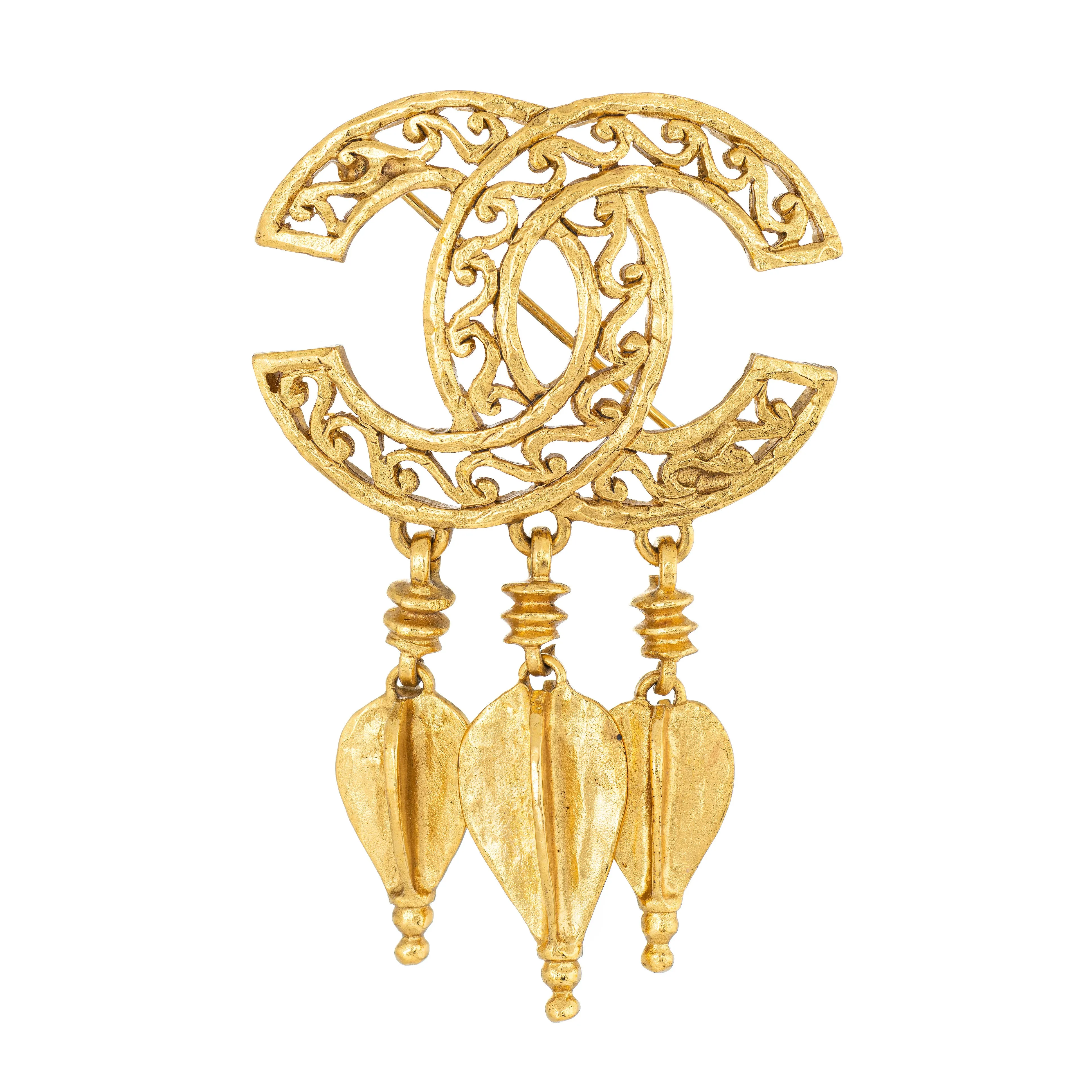 Chanel Vintage Brooch Circa 1995 Fall CC Logo Tassel Yellow Gold Tone