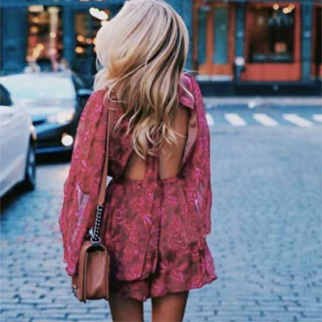 Chiffon print backless rompers