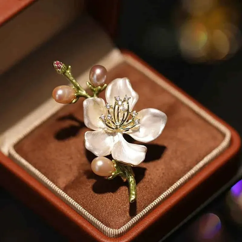 Classic Enamel Freshwater Pearl Peach Blossom Brooch Pin
