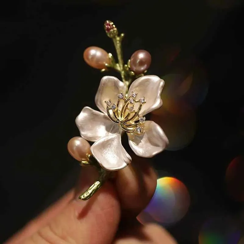 Classic Enamel Freshwater Pearl Peach Blossom Brooch Pin