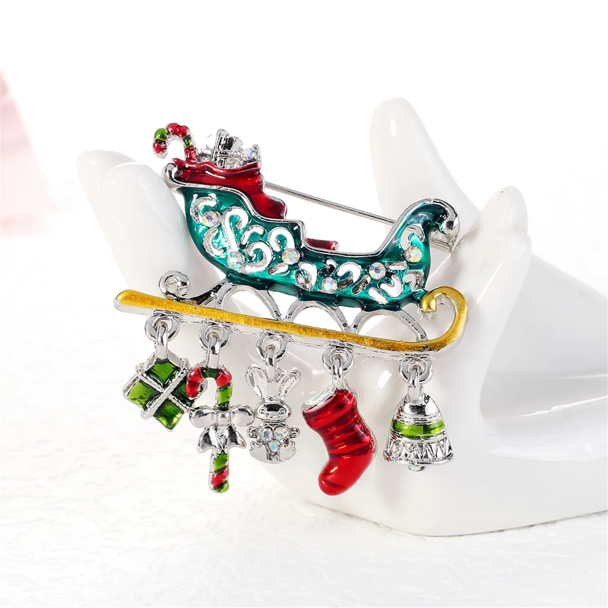 Clear Iridescent Cubic Zirconia & Red Enamel Christmas Sleigh Brooch