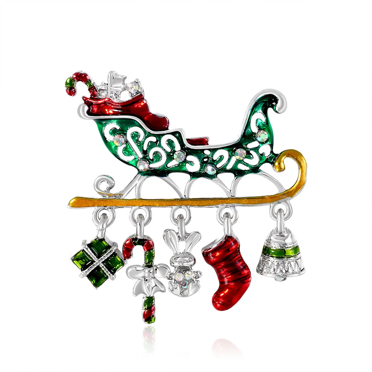 Clear Iridescent Cubic Zirconia & Red Enamel Christmas Sleigh Brooch