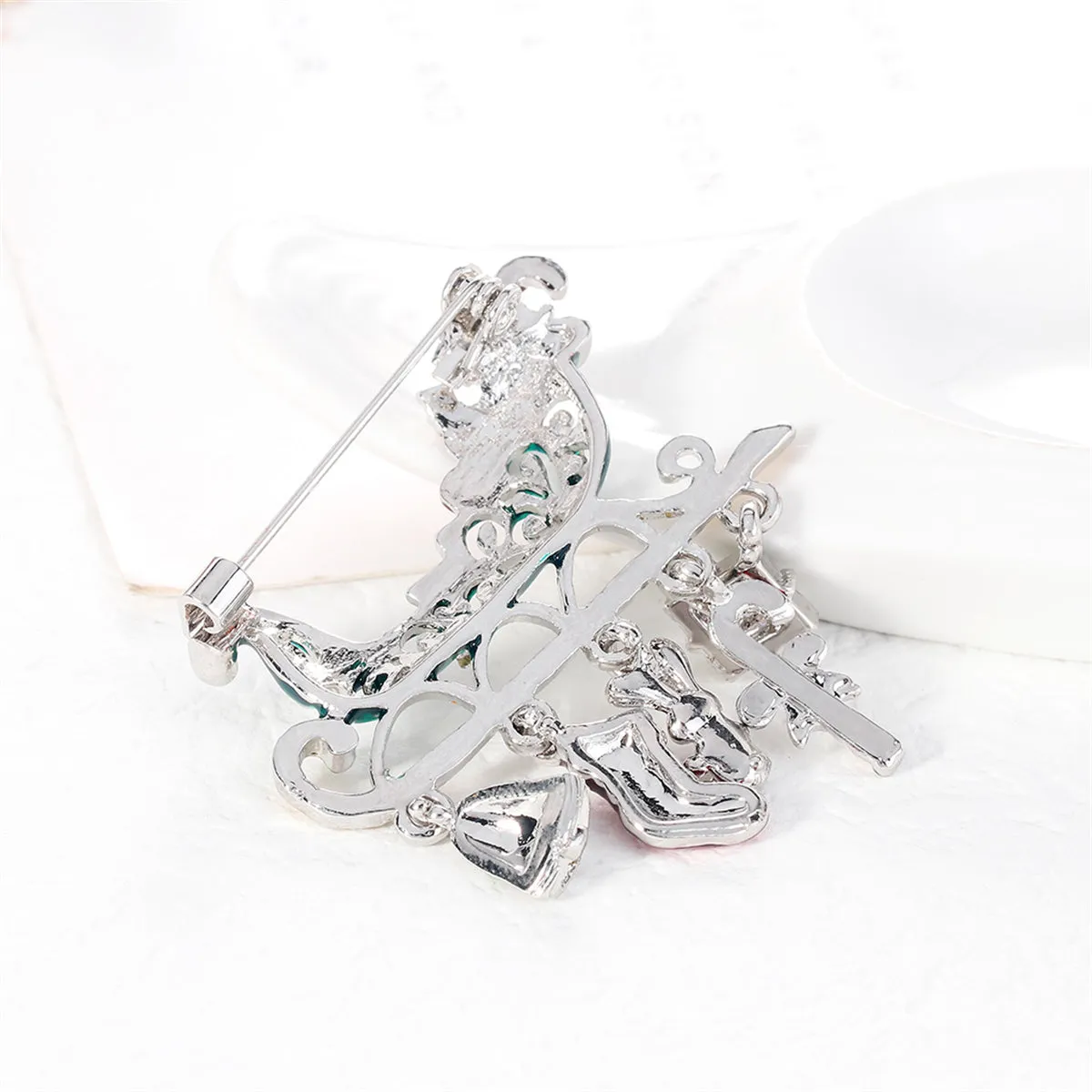 Clear Iridescent Cubic Zirconia & Red Enamel Christmas Sleigh Brooch