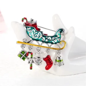 Clear Iridescent Cubic Zirconia & Red Enamel Christmas Sleigh Brooch