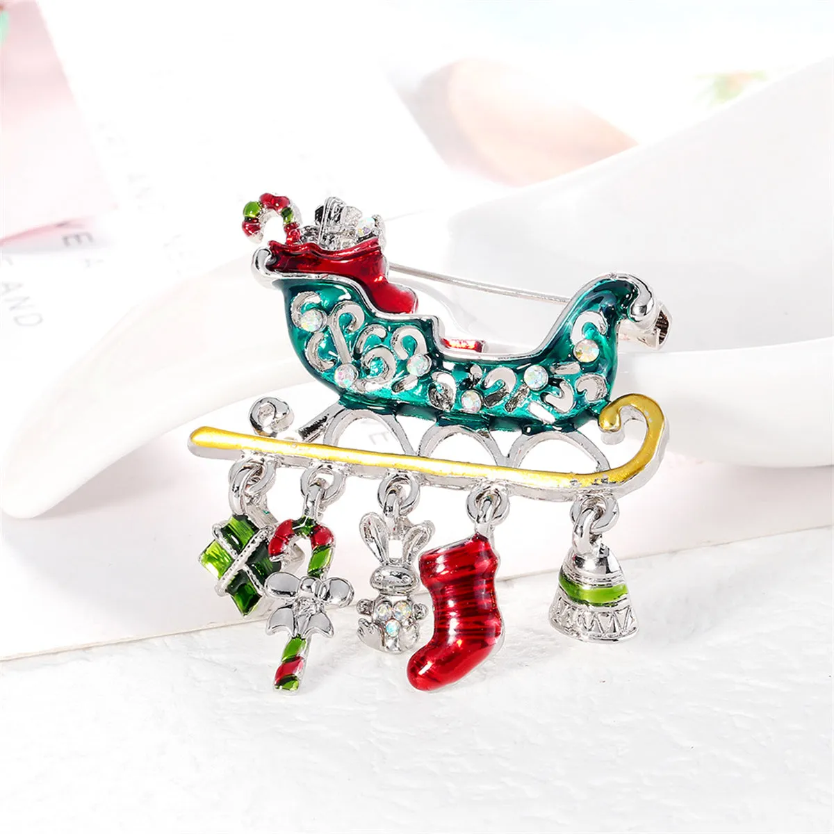 Clear Iridescent Cubic Zirconia & Red Enamel Christmas Sleigh Brooch