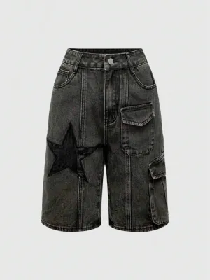 CM-BS093070 Women Casual Seoul Style Star 3D Pocket Distressed Washed Denim Bermuda Shorts - Black
