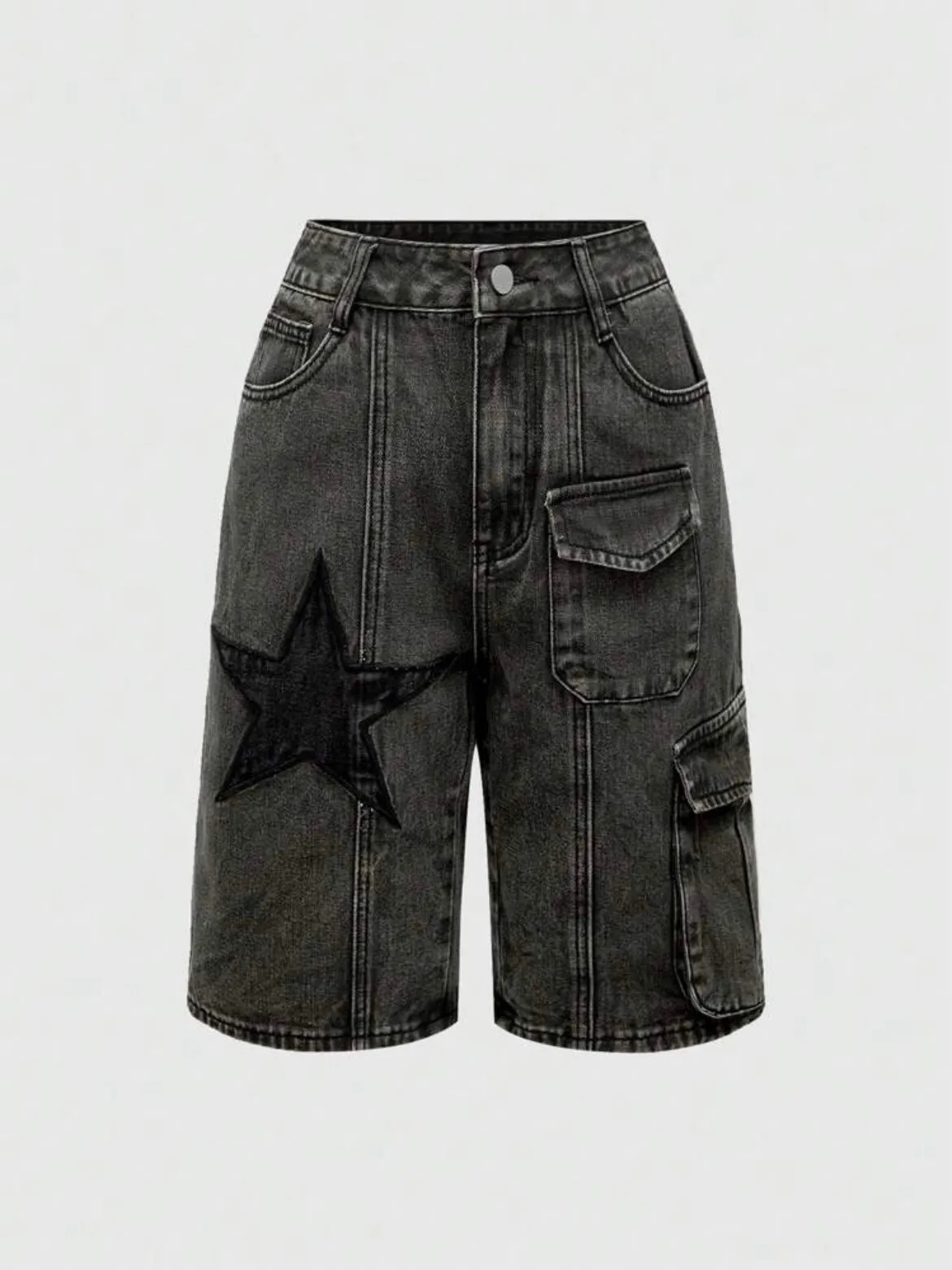 CM-BS093070 Women Casual Seoul Style Star 3D Pocket Distressed Washed Denim Bermuda Shorts - Black
