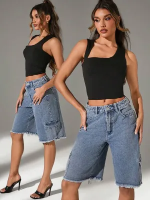 CM-BS581811 Women Casual Seoul Style Light Wash Fray Hem Cargo Pocket Low Waist Denim Shorts