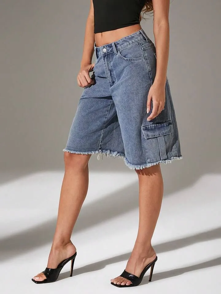 CM-BS581811 Women Casual Seoul Style Light Wash Fray Hem Cargo Pocket Low Waist Denim Shorts