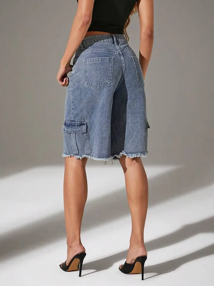 CM-BS581811 Women Casual Seoul Style Light Wash Fray Hem Cargo Pocket Low Waist Denim Shorts