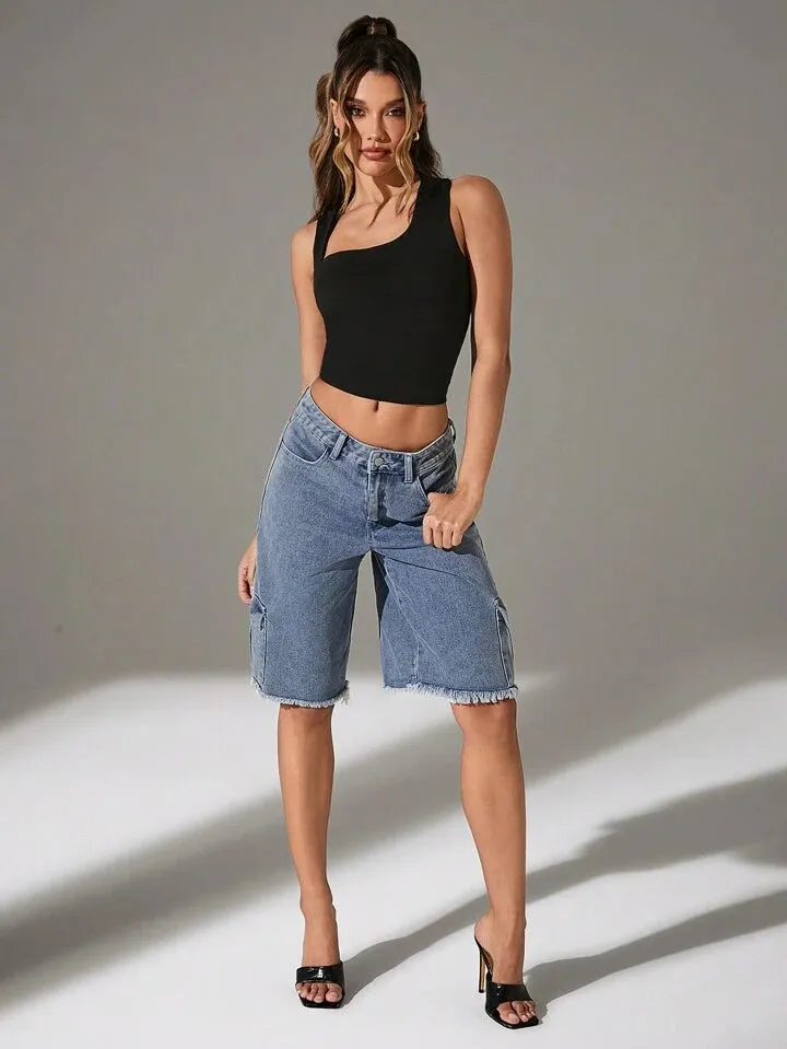 CM-BS581811 Women Casual Seoul Style Light Wash Fray Hem Cargo Pocket Low Waist Denim Shorts