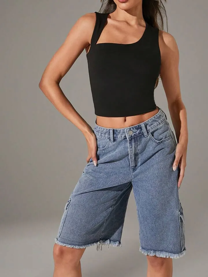 CM-BS581811 Women Casual Seoul Style Light Wash Fray Hem Cargo Pocket Low Waist Denim Shorts