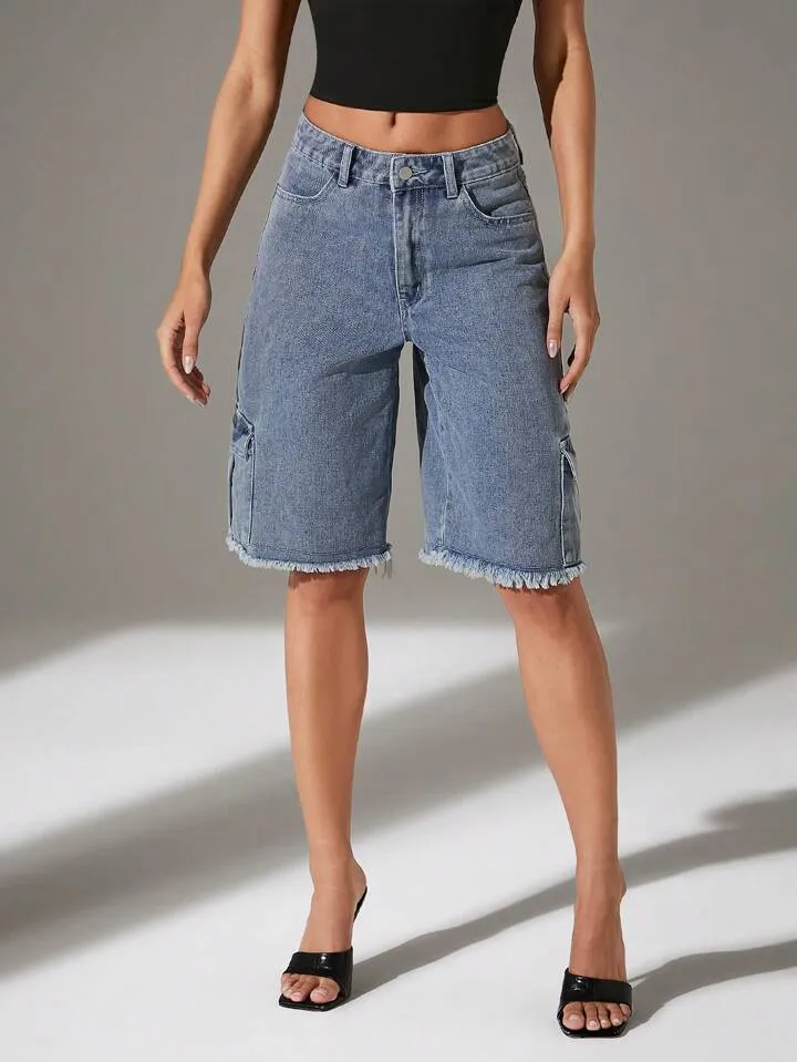 CM-BS581811 Women Casual Seoul Style Light Wash Fray Hem Cargo Pocket Low Waist Denim Shorts
