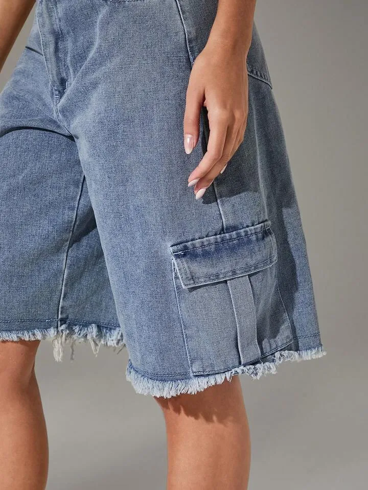 CM-BS581811 Women Casual Seoul Style Light Wash Fray Hem Cargo Pocket Low Waist Denim Shorts