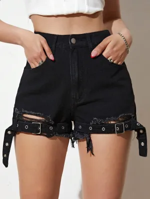 CM-BS824412 Women Casual Seoul Style Grommet Eyelet Buckle Detail Ripped Raw Hem Denim Shorts