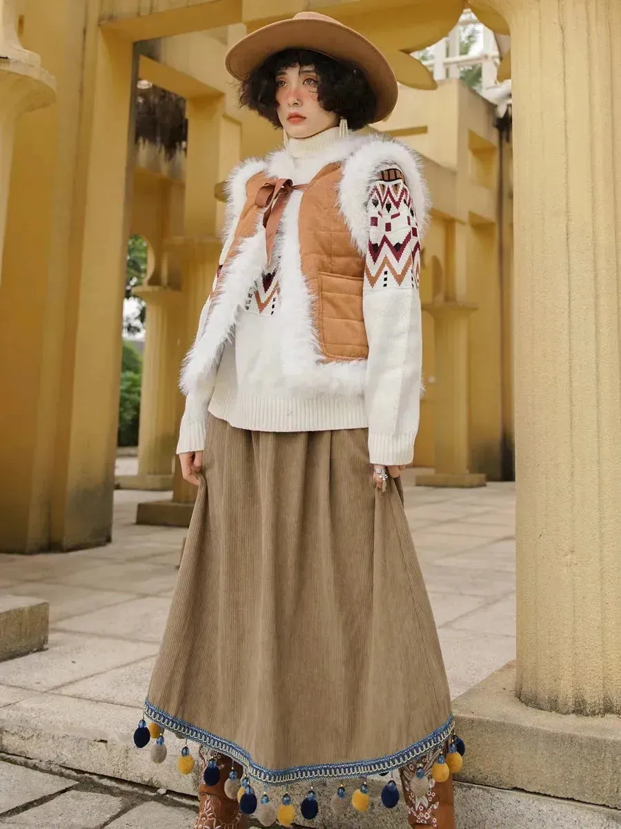 Corduroy Ethnic Style Fur Ball Stitching Brown High Waist Tassel Versatile Maxi Skirt