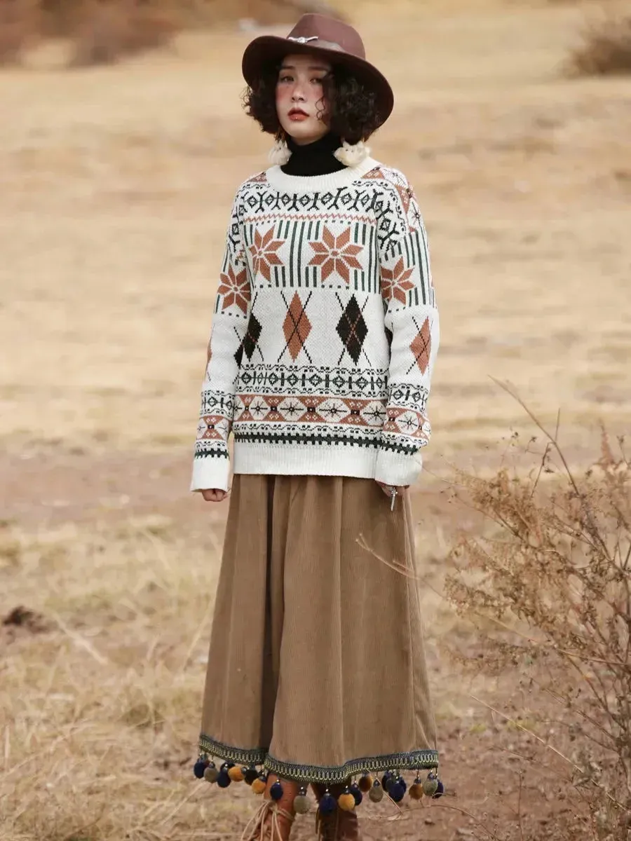 Corduroy Ethnic Style Fur Ball Stitching Brown High Waist Tassel Versatile Maxi Skirt