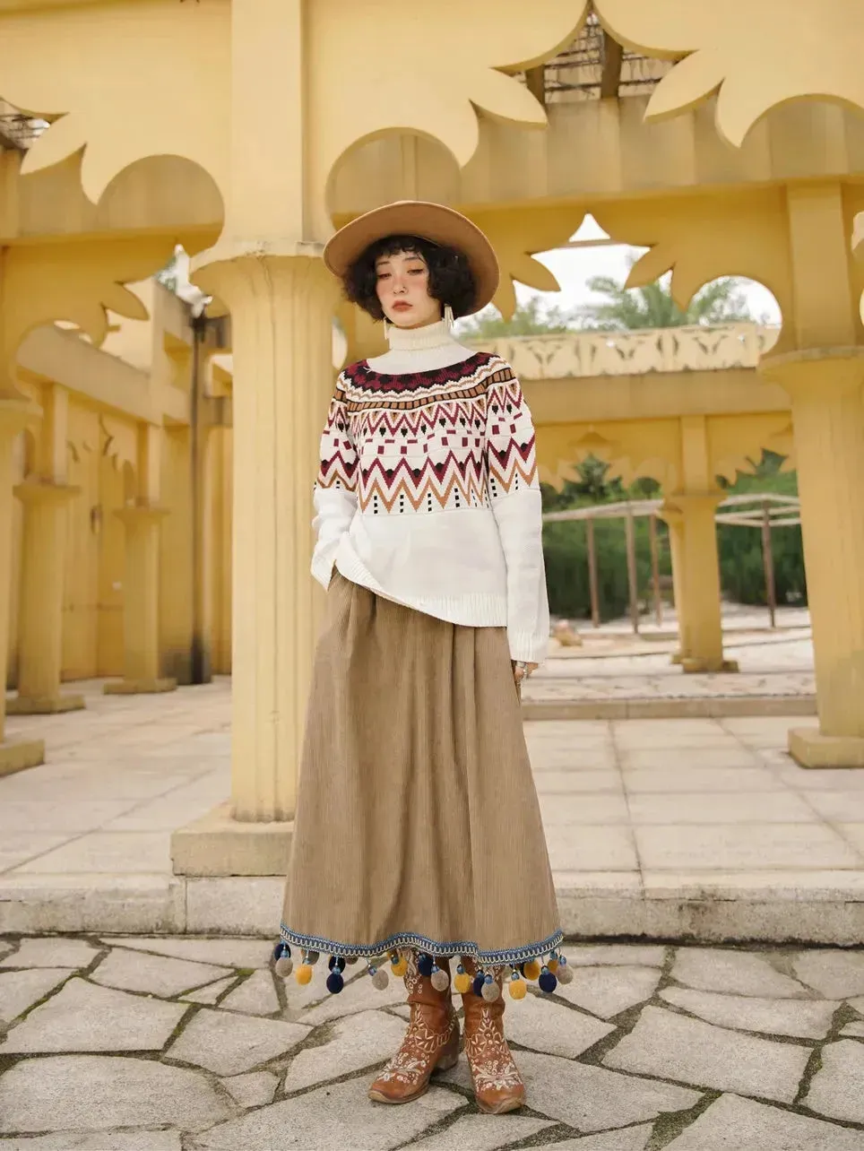 Corduroy Ethnic Style Fur Ball Stitching Brown High Waist Tassel Versatile Maxi Skirt