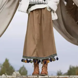 Corduroy Ethnic Style Fur Ball Stitching Brown High Waist Tassel Versatile Maxi Skirt