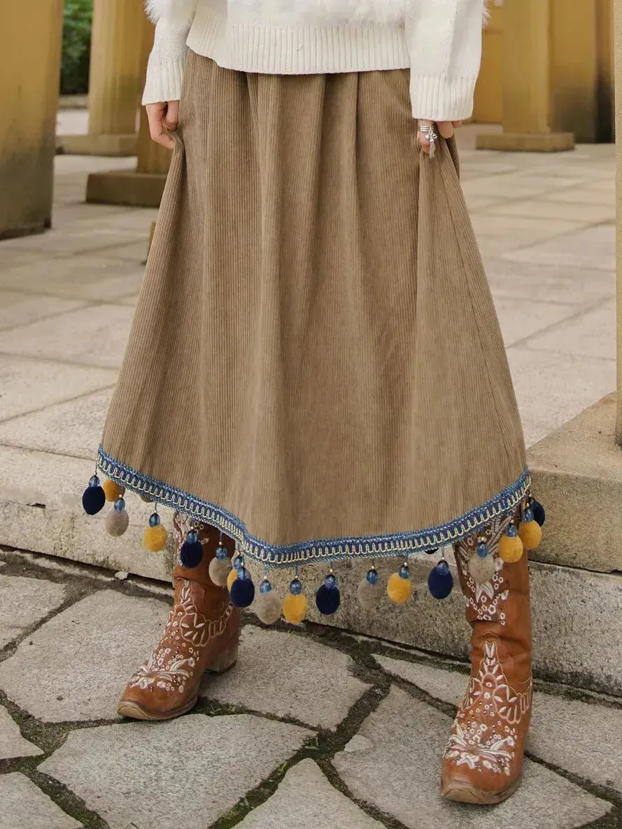 Corduroy Ethnic Style Fur Ball Stitching Brown High Waist Tassel Versatile Maxi Skirt