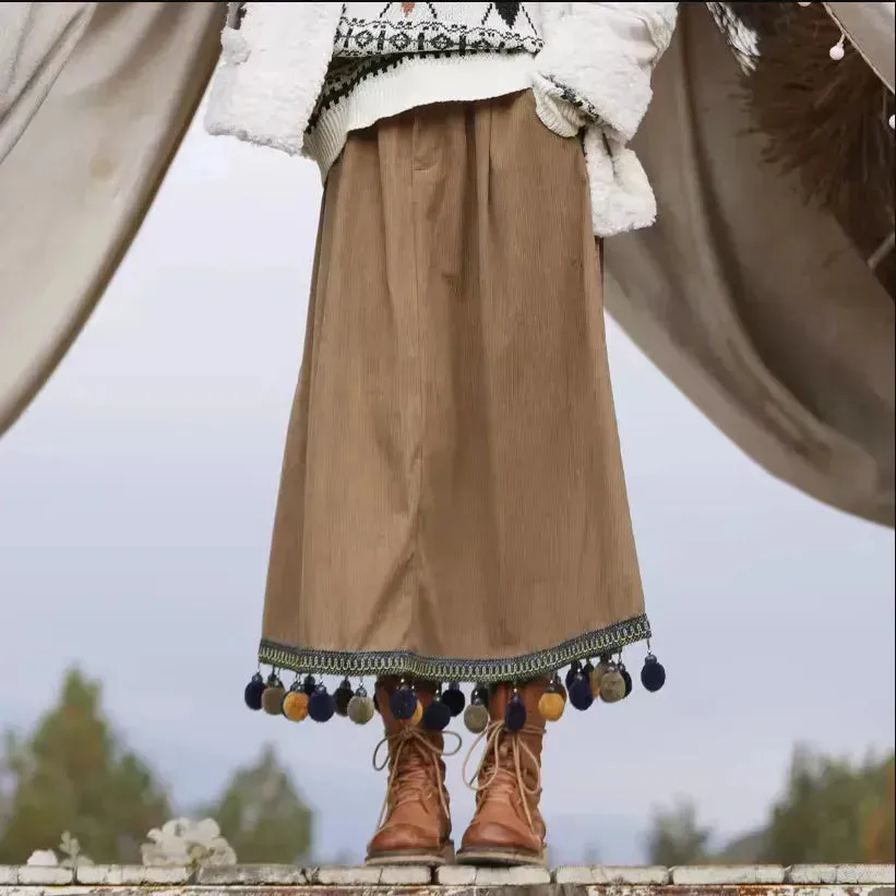 Corduroy Ethnic Style Fur Ball Stitching Brown High Waist Tassel Versatile Maxi Skirt