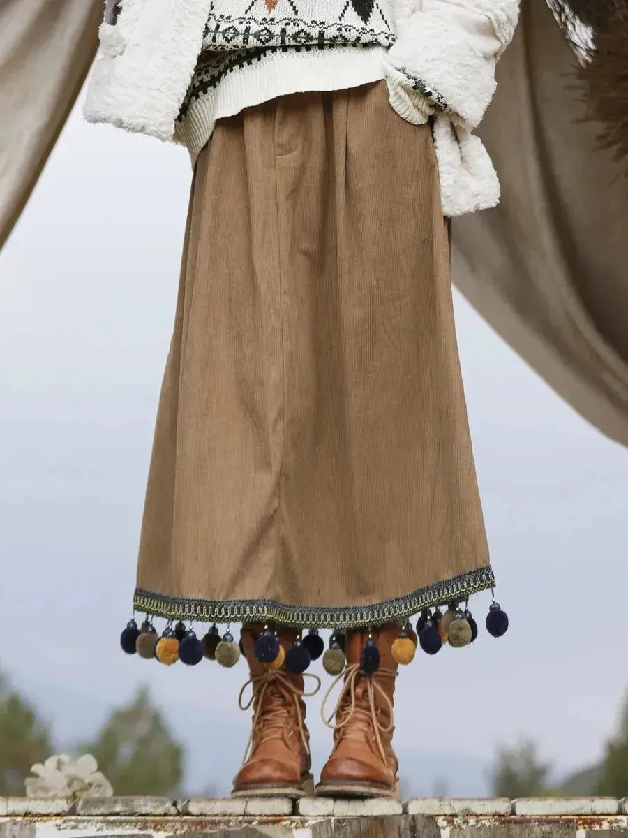 Corduroy Ethnic Style Fur Ball Stitching Brown High Waist Tassel Versatile Maxi Skirt