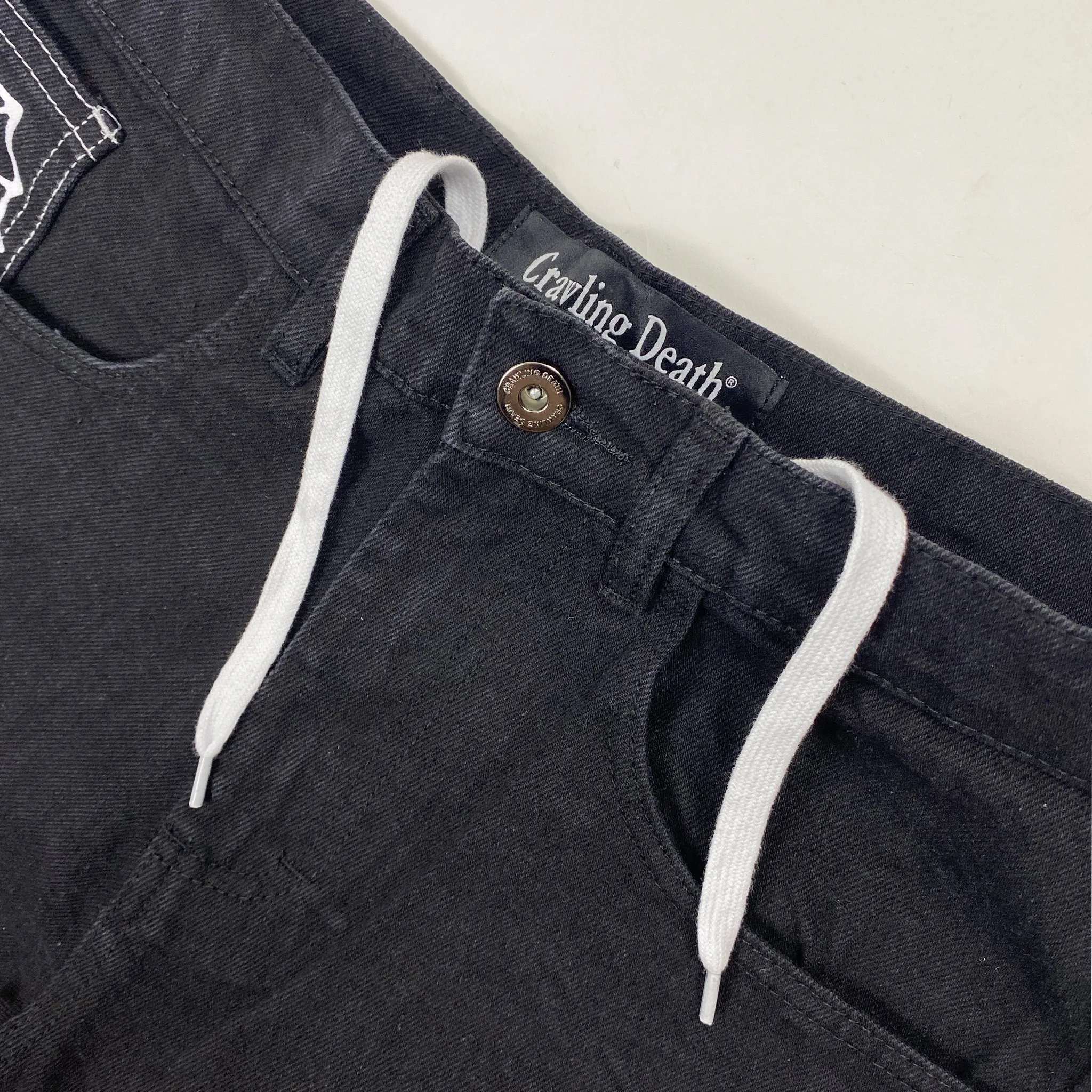 Crawling Death Web Denim Shorts Black