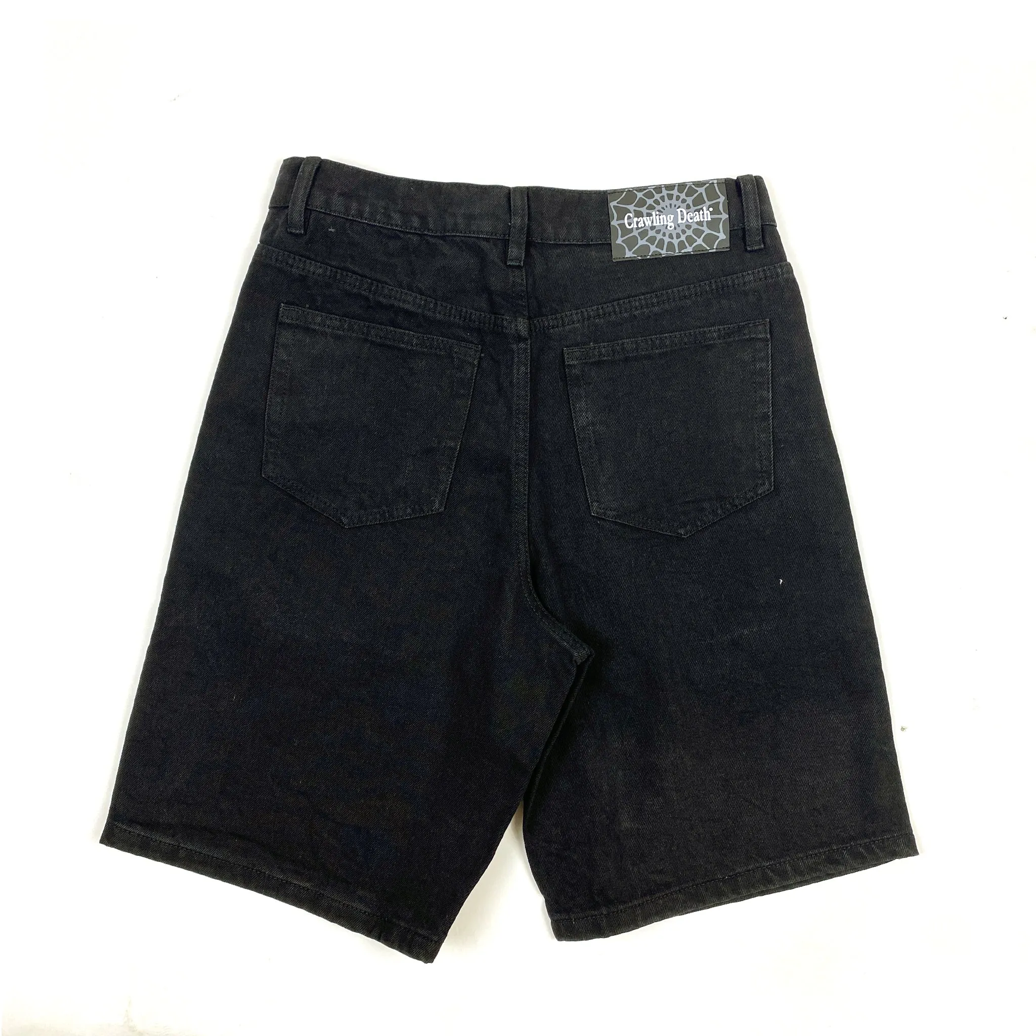Crawling Death Web Denim Shorts Black