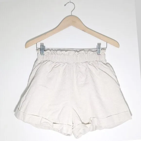 Crescent Linen Blend Paperbag High Rise Shorts Elastic Waist Shorts