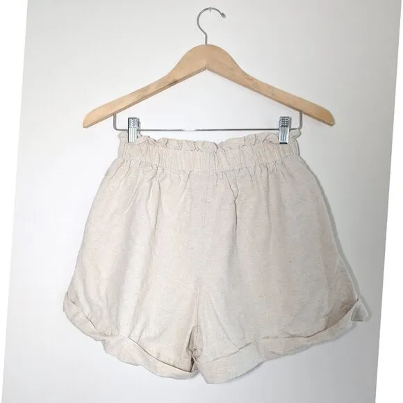 Crescent Linen Blend Paperbag High Rise Shorts Elastic Waist Shorts