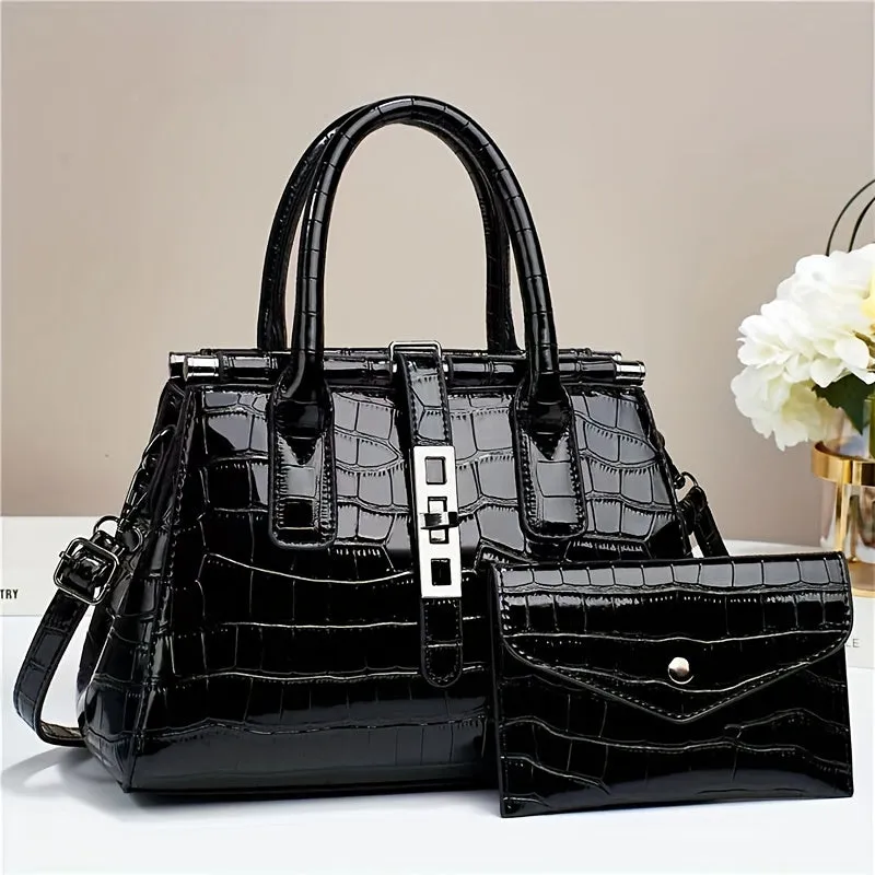 Crocodile Print Satchel Top Handle Tote Bag & Clutch Purse Set