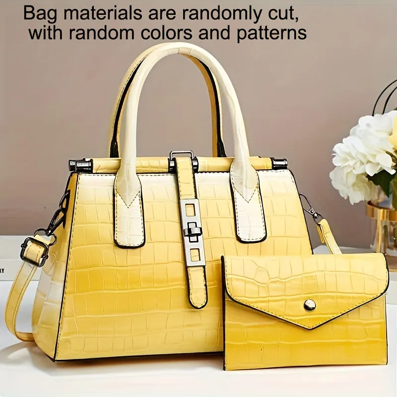 Crocodile Print Satchel Top Handle Tote Bag & Clutch Purse Set