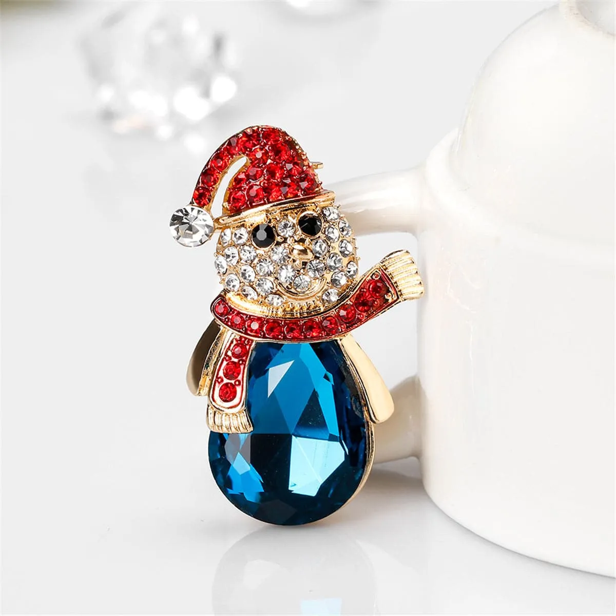 Crystal & Red Cubic Zirconia Snowman Brooch