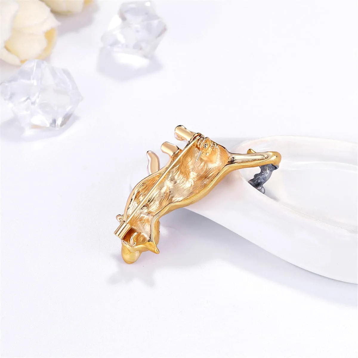 Cubic Zirconia & 18K Gold-Plated Cat & Mouse Brooch