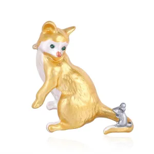Cubic Zirconia & 18K Gold-Plated Cat & Mouse Brooch